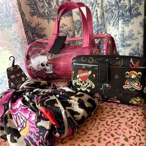 Ed Hardy Pink Barrel Satchel with Skull Graphic, wristlet,and scarf.